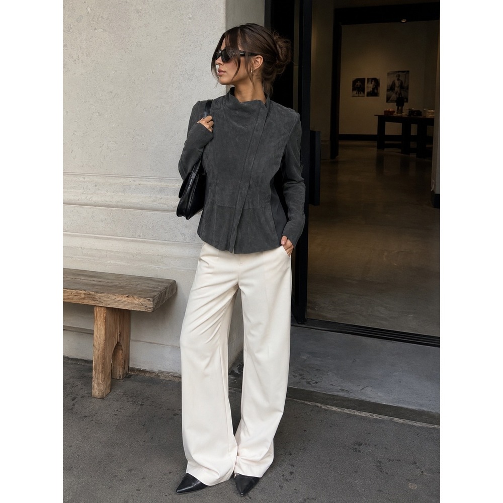 Lafayette 148 New York Suede Asymmetrical Zip Moto Jacket Black Size 8